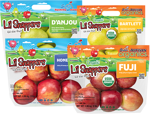 Organic Lil Snappers apples in colorful packaging for kids' healthy snack.