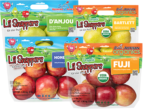 Organic Lil Snappers apples in colorful packaging for kids' healthy snack.
