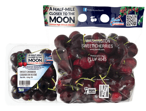Fresh Washington sweet cherries in a Stemilt bag, close to the moon.