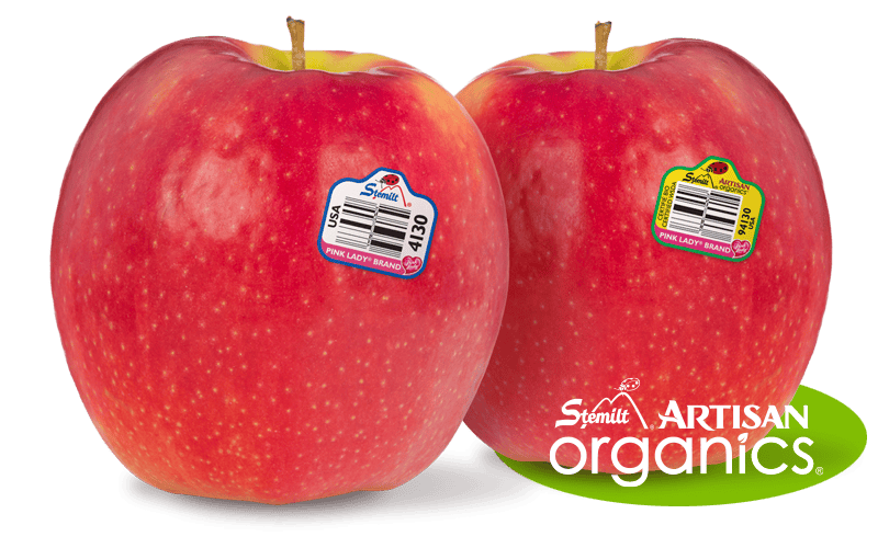 Two fresh organic apples with Stemilt Artisan Organics labels on a white background.