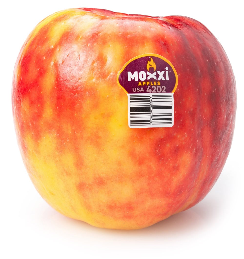 Moxxi apples with barcode and sticker, fresh and ripe.