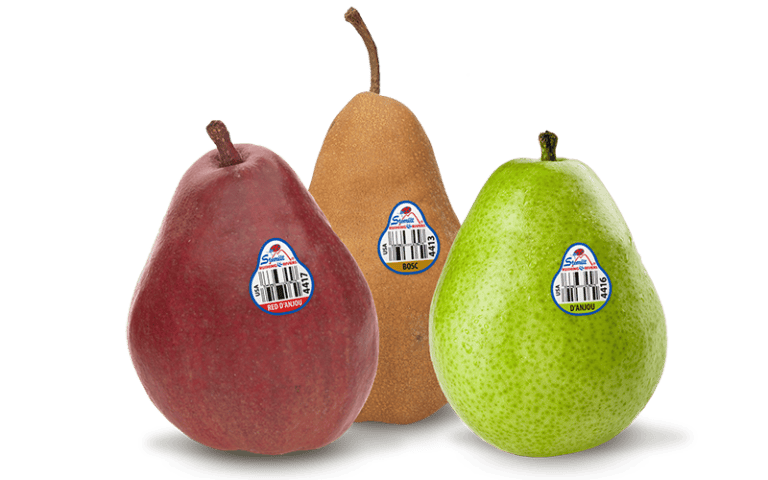 Fresh Rushing Rivers Pears in red, yellow, and green varieties.