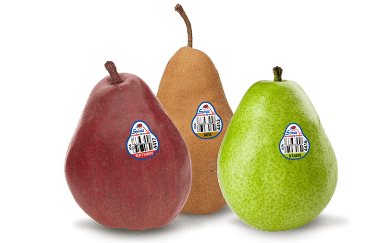 Fresh Rushing Rivers Pears in red, yellow, and green varieties.