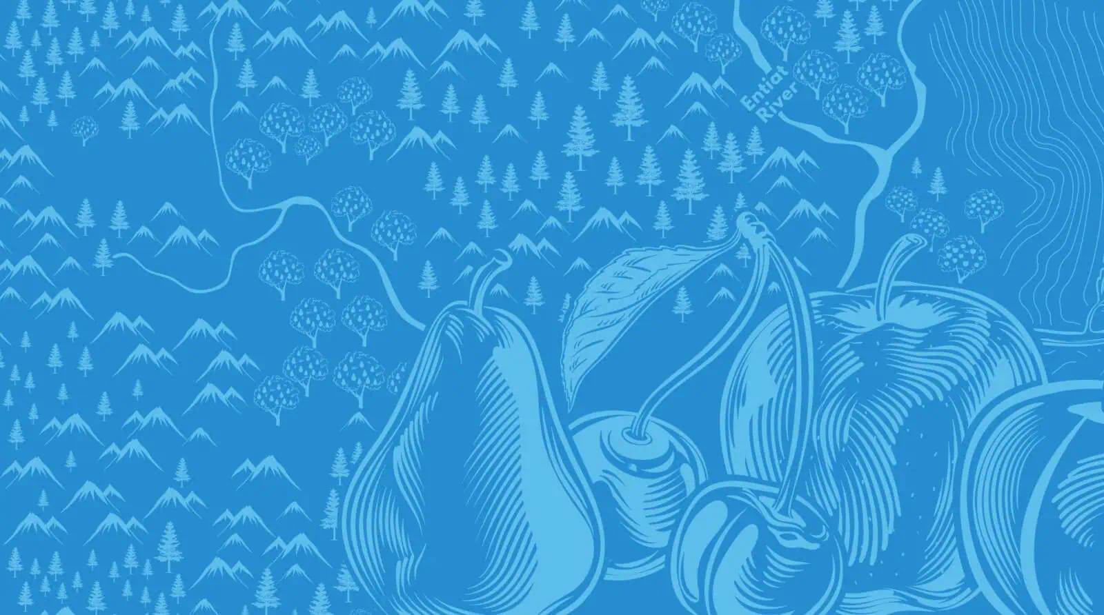 Illustration of pears and cherries with a scenic background in blue tones.