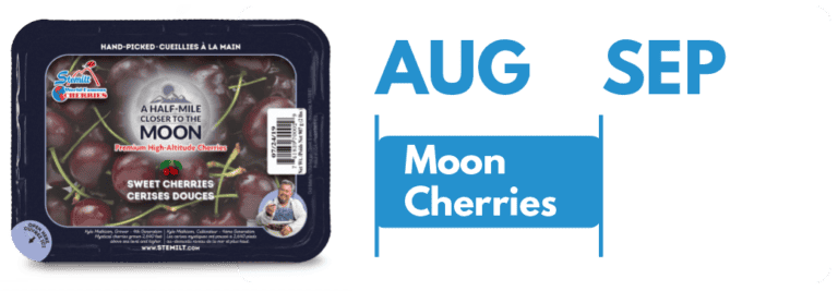 Stemilt Moon Cherries packaging with a label and promotional graphics.