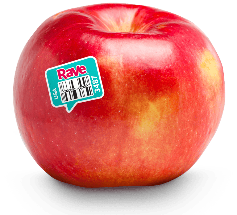 Fresh Rave® apple with barcode sticker, vibrant red and yellow skin.