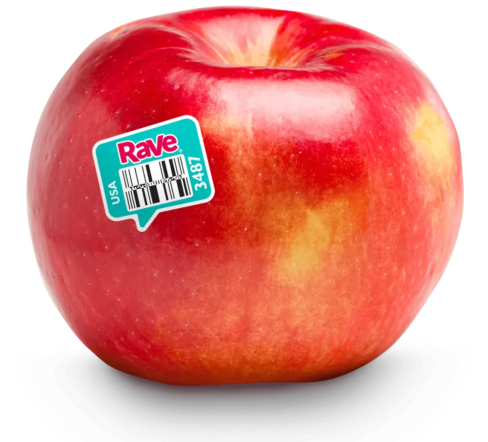Fresh Rave® apple with barcode sticker, vibrant red and yellow skin.
