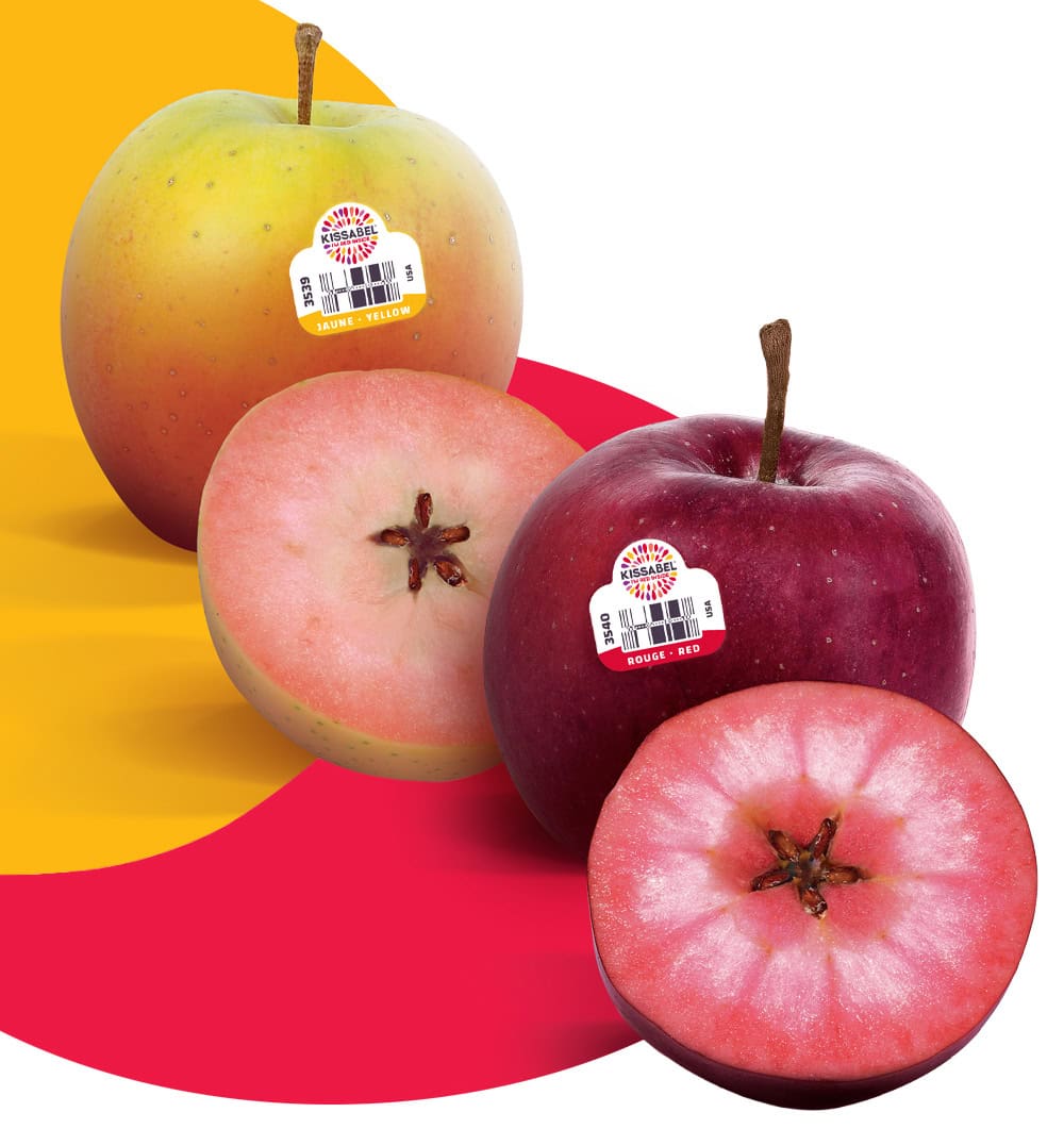 Fresh Kissabel&reg; apples with vibrant colors and stickers.